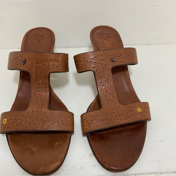 Henry Cuir Womens Brown Laser Cut Heel Leather Sandals Size 39 USA 9 - Picture 2 of 10